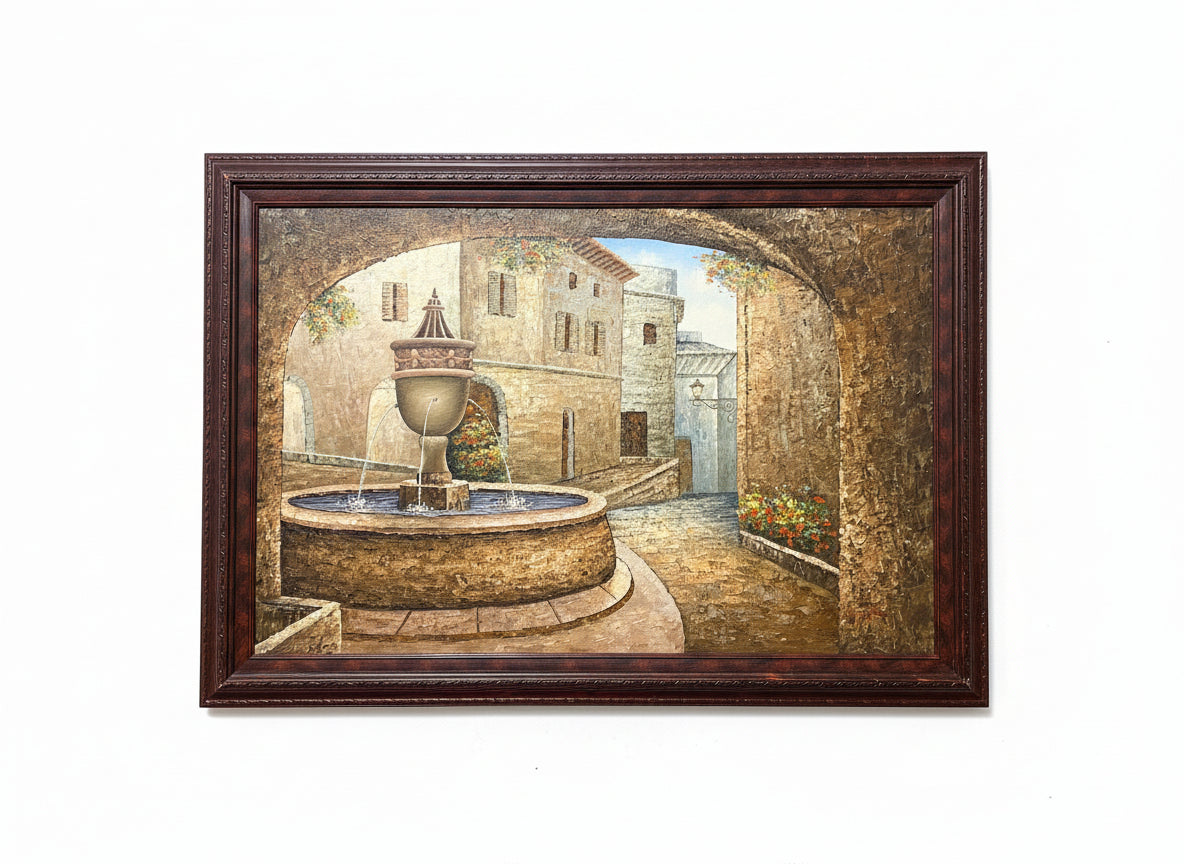 Beautiful Older painting with fountain inside of a town.
