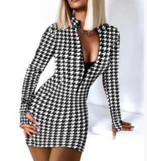 Black and white long sleeve sexy deep v neck slim fit dress